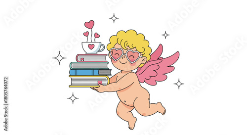 A charming cartoon cupid with pink wings and heart-shaped glasses carries a stack of books and a teacup with hearts, representing love for reading.