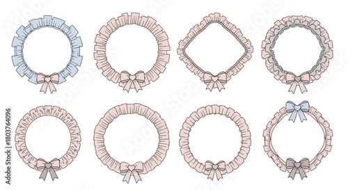 Set of decorative ruffled frames featuring bows in pastel pink and blue, ideal for greeting cards, baby showers, or elegant graphic elements.