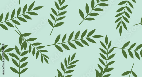 Seamless pattern of green leaves scattered on a light blue-green background, creating a fresh and natural organic texture.