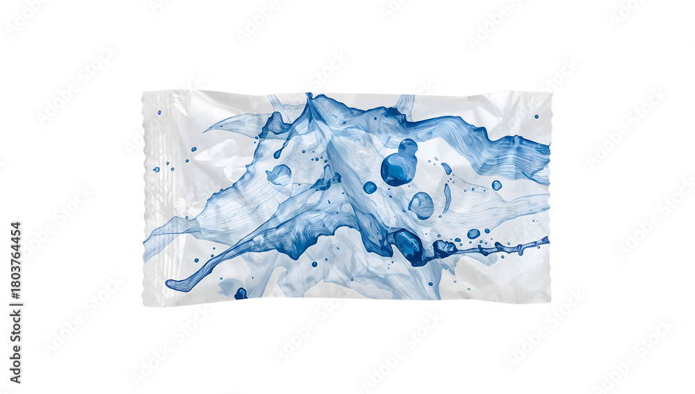 Fototapeta premium Modern snack packaging with abstract blue fluid splash design on the transparent background, trendy artistic wrapper template for food branding