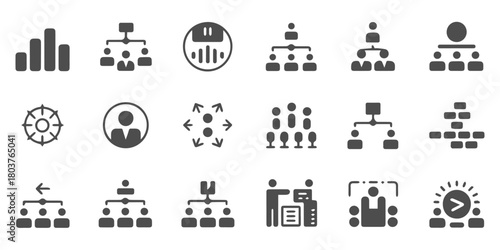 Comprehensive business structure icon collection showcasing corporate hierarchy, teamwork, leadership, office roles, and organizational management in modern professional design