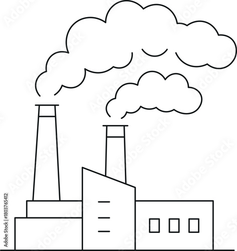 Line art vector of industrial pollution, factory chimneys releasing smoke.