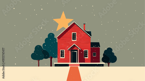 Winter house with a large star above the roof, snowy landscape and simple clean composition suitable for holiday themes, decor, marketing, packaging, real estate and general seasonal visuals