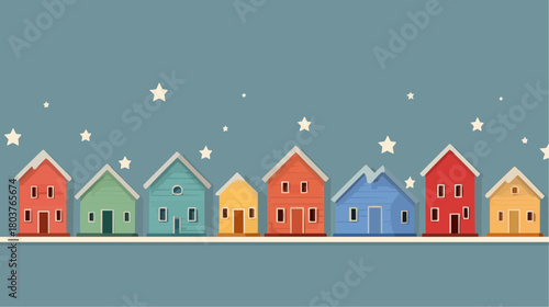 Minimal flat illustration of small colorful houses in a row under falling star shapes, simple clean scene for decor, packaging or children’s graphics, with space for text