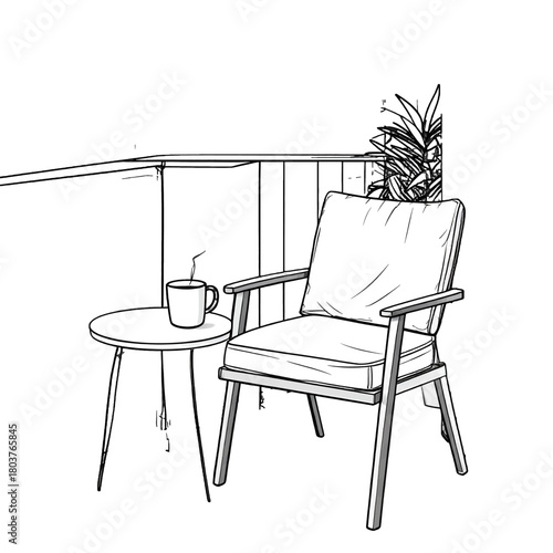 Cozy Outdoor Seating Area With A Chair And Side Table Featuring A Steaming Cup Of Coffee And A Plant On A Balcony Line Drawing Style