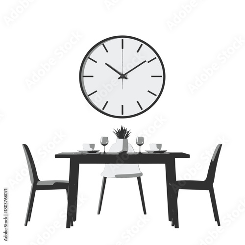 Minimalist Dining Room Scene with Table Chairs and Wall Clock in Simple Monochrome Style