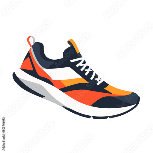 Dynamic Athletic Sneaker With Orange White And Navy Accents On A White Background Perfect For Running And Sports Activities