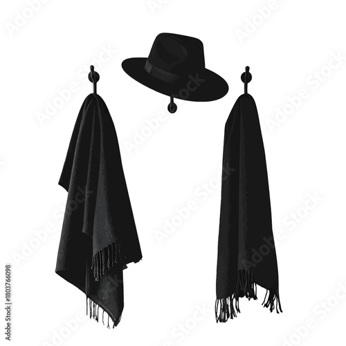 Black Fedora Hat And Two Black Scarves With Fringes Hanging On Hooks On White Background