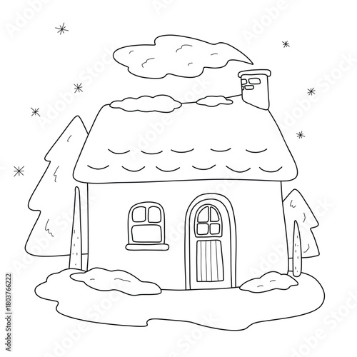Cute vector winter landscape with a cozy house, snow and trees. Line art illustration perfect for coloring pages, kids activities, stickers, greeting cards, and holiday designs.