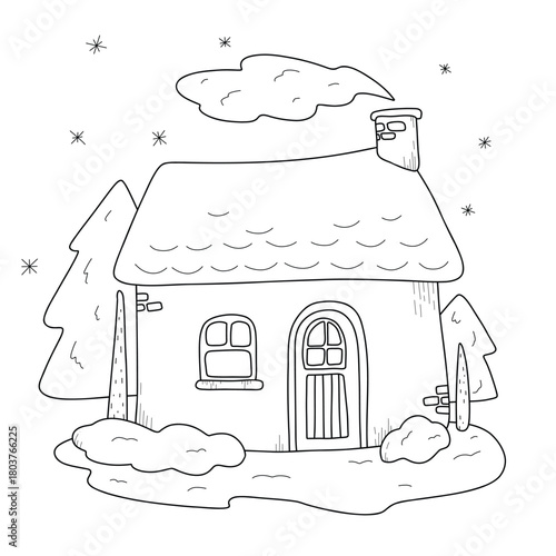 Cute vector winter landscape with a cozy house, snow and trees. Line art illustration perfect for coloring pages, kids activities, stickers, greeting cards, and holiday designs.