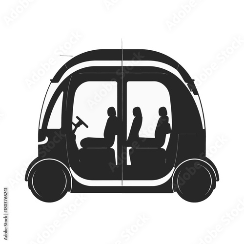 Silhouette of futuristic autonomous vehicle with transparent windows showing three seated passengers and driver in a simplified graphic illustration