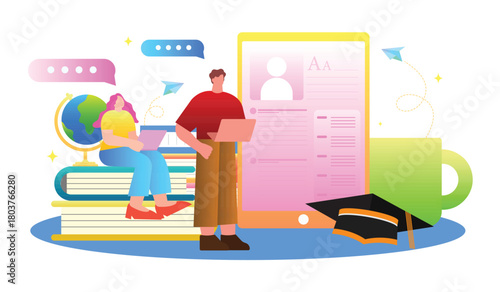 Education and online learning with students engaging in creative activities. Vector illustration