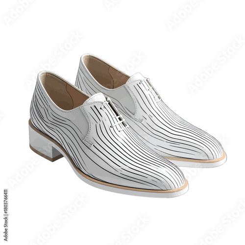 Pair of White Leather Loafer Shoes with Black Dotted Pattern and Low Heel Isolated on White Background