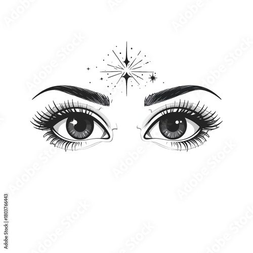 Close Up Of Woman Eyes With Eyelashes And Stars Above Forehead With Sparkles On White Background Mystical Aura