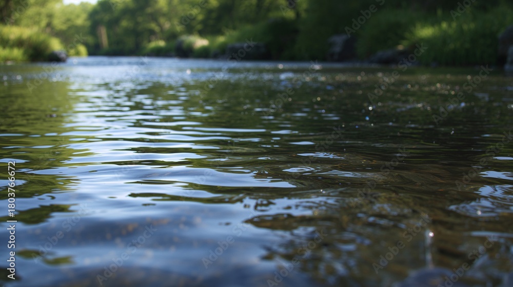 Obraz premium Pure depiction of shimmering river presenting smooth stones beneath and lush grasses outlining its softly murmuring waterscape spring season wallpaper landscape nature background