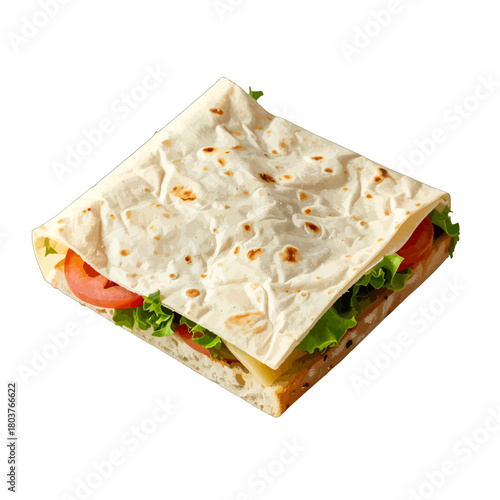 Freshly Made Tortilla Wrap Sandwich With Lettuce Tomato and Cheese Isolated on White Background with Natural Lighting