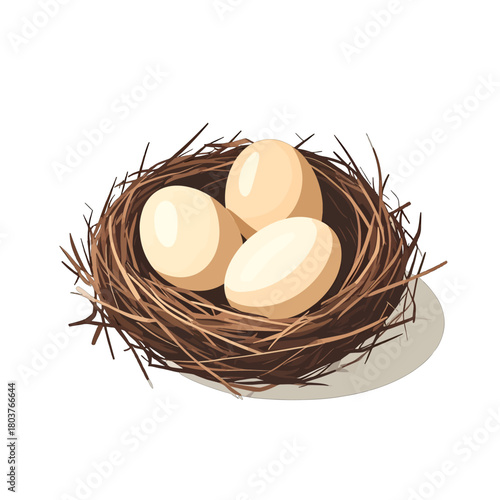 Three light brown eggs resting in a detailed brown twig nest on a white background casting a soft gray shadow