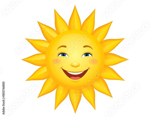 Cheerful cartoon sun with a friendly smiling face radiates warmth and happiness