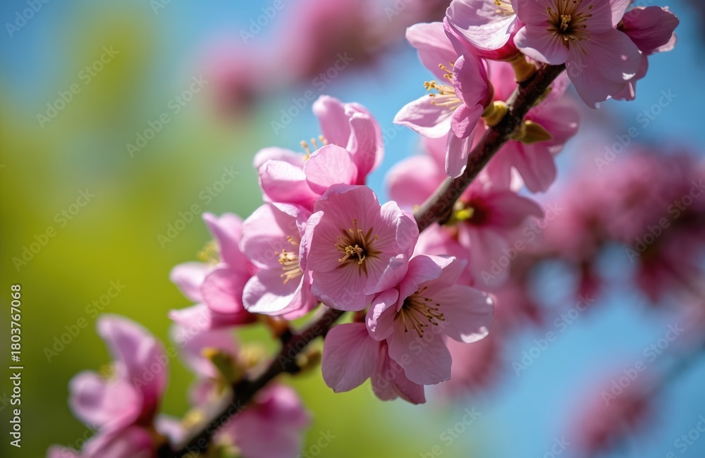 Fototapeta premium Eastern redbud tree branch blooms with vibrant pink flowers against bright blue sky and green foliage. Spring flowering plant welcomes warmer weather.