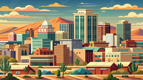 Very beautiful downtown Albuquerque cityscape featuring modern mid-rise buildings, distant desert mesas, and a clear Southwestern sky creating a clean, atmospheric urban view.