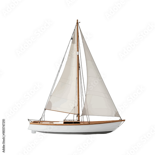 Classic White Sailboat with Tan Trim and Tall Mast on Calm Water Under Bright Sunlight