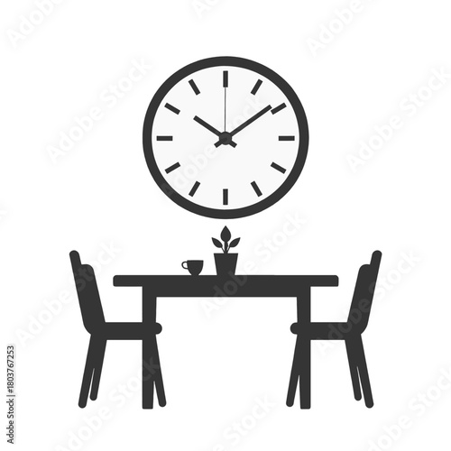 Simple Dining Table With Two Chairs And A Wall Clock In A Room Simple Minimalist Design With Black Silhouettes On A White Background