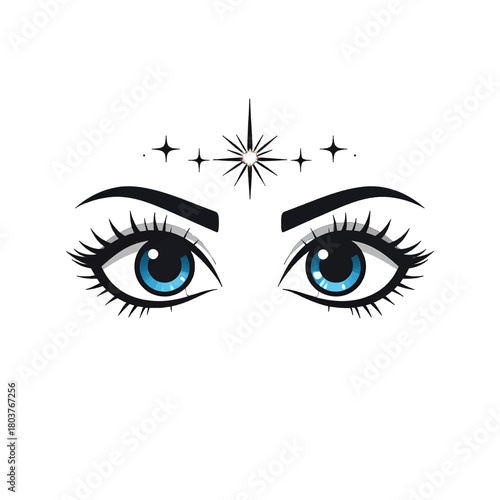 Close Up Pixel Art Of Blue Eyes With Eyelashes And Star Design Above Forehead On White Background
