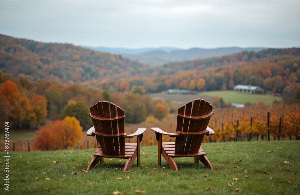 Fototapeta premium Two empty wooden chairs sit on a grassy hill overlooking a vineyard in autumn. The chairs face a scenic view of rolling hills and trees with changing foliage. A cloudy sky is above.