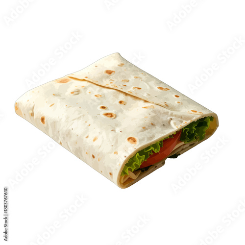 Folded Flatbread Wrap With Fresh Lettuce Tomato and Cheese Filling Isolated on White Background