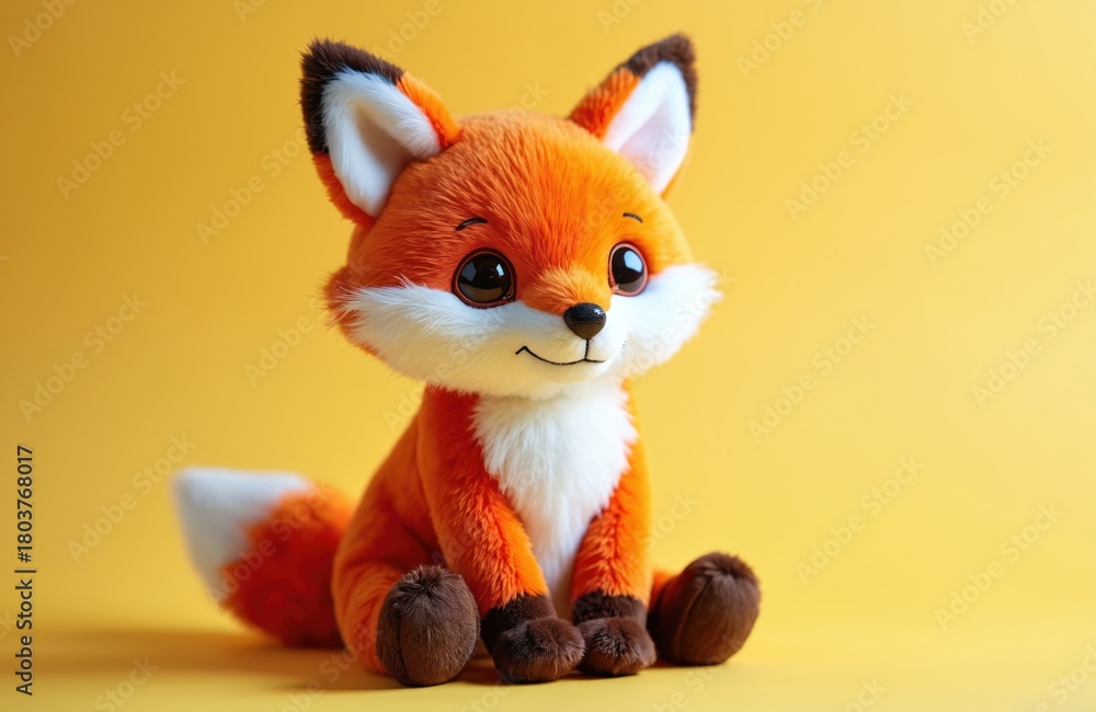 Obraz premium Cute plush fox toy sits on bright yellow background. Soft orange stuffed animal with white accents is friendly and cheerful. Perfect for kids room decor or playful designs.