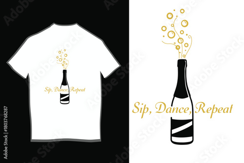 Champagne Bottle Pop 'Sip, Dance, Repeat' T-shirt Design