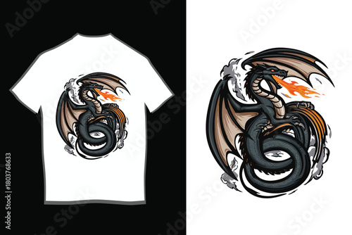 Black Dragon Coiled Fire Breathing T-shirt Design
