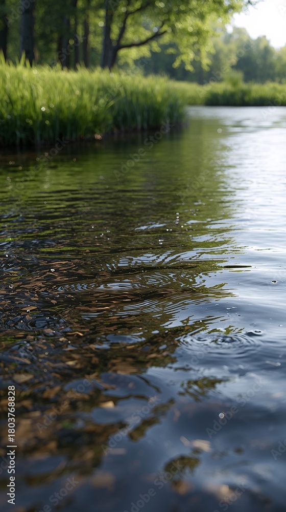 Fototapeta premium Close up view of a crystal river revealing smooth stones beneath and vibrant grasses lining the tranquil shore spring season wallpaper landscape nature background