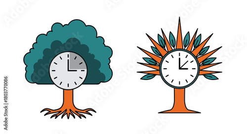 Time management concept with tree and clock vector illustration