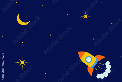 Rocket, moon and stars isolated on a blue background. Cosmos seamless pattern under clipping mask, convenient for editing. Flat style. Childish background for textile, paper, cover.