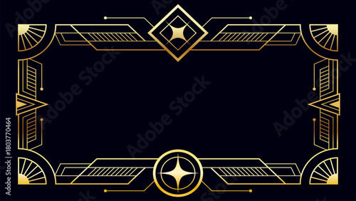 Template Elegant gold Art Deco frame on a dark background featuring geometric line, symmetrical border, and angular decorative shapes, perfect for luxury invitation, certificate, and premium design 