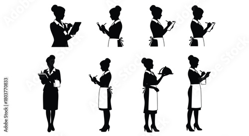 Waitress silhouette vector set restaurant staff order taking art