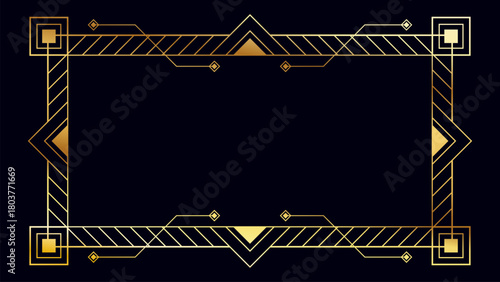 Elegant gold Art Deco frame on a dark background featuring geometric line, symmetrical border, and angular decorative shapes, perfect for luxury invitation, certificate, and premium design template