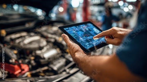 Mechanic diagnoses car issues using tablet in a busy garage during the day