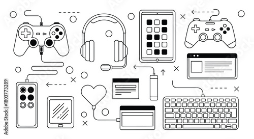 Gaming accessories gadgets technology devices vector illustration