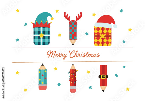 Creative Holiday Pencils with Festive Gift Boxes and Stars Holiday Greetings