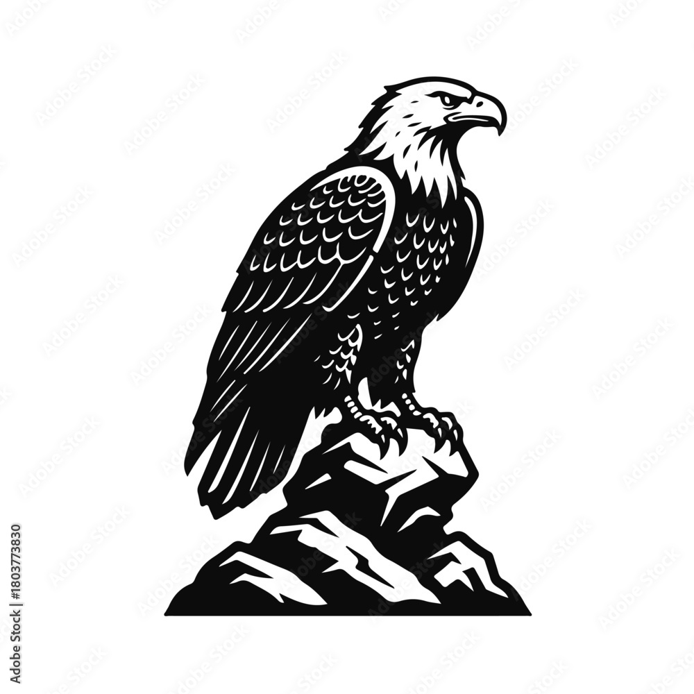 Fototapeta premium Eagle sitting on a rock in bold black-and-white style, powerful predator bird logo — eagle logo, bird emblem, wild eagle, rock eagle, strong bird