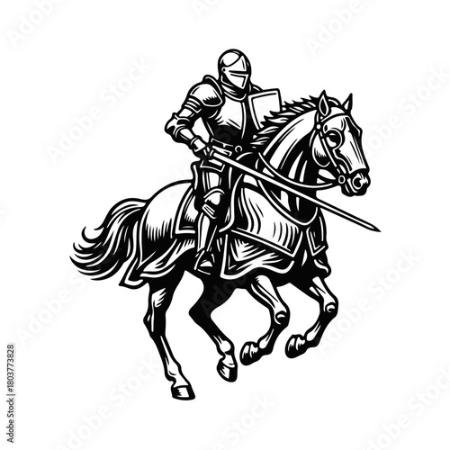 A knight in full armor, riding a horse with a sword in his hand, is depicted. A warrior knight, a horseman, a medieval soldier, a knight in armor, a battle scene