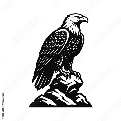 Eagle sitting on a rock in bold black-and-white style, powerful predator bird logo — eagle logo, bird emblem, wild eagle, rock eagle, strong bird