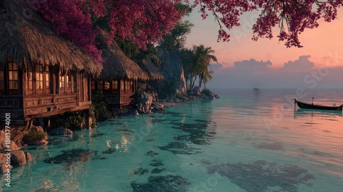 Fototapeta Naklejka Na Ścianę i Meble -  A tranquil tropical paradise at dusk, with sun-kissed waves gently lapping under wooden structures over the water