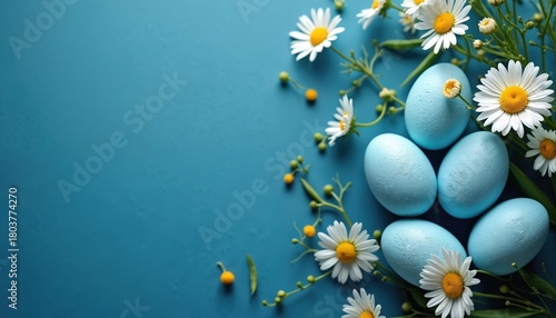 Photo of Easter eggs daisy flowers. Blue eggs rest with white daisies against a vibrant blue backdrop. Floral spring theme perfect for holiday greeting cards. Easter concept.