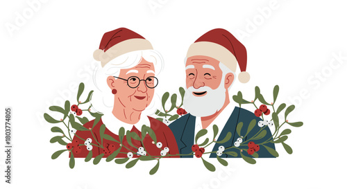 A festive holiday portrait of a happy elderly couple celebrating Christmas together in style.