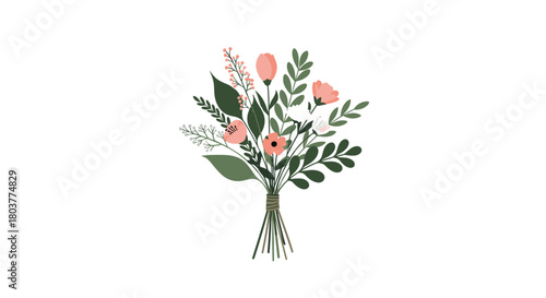 A beautiful arrangement of pink flowers and green leaves tied with a natural twine is depicted.