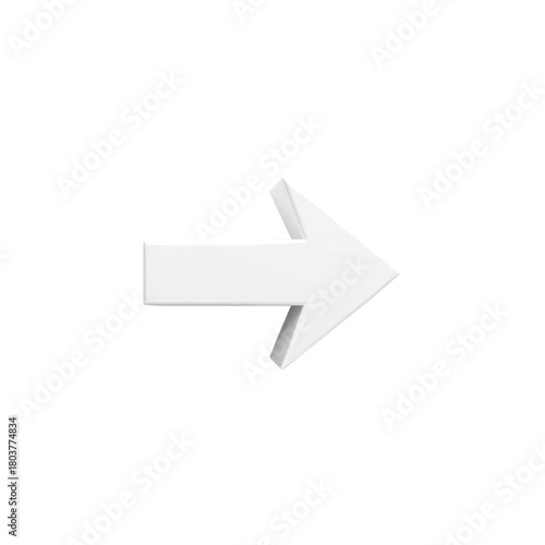 A clean, minimalist 3D white arrow pointing right against a stark transparent background. Ideal for navigation, direction, or progress indication. background removed