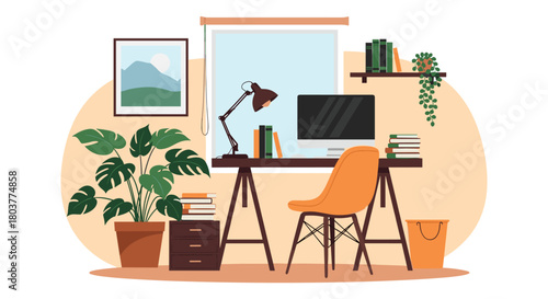 A cozy home office setup with a desk computer and plants by the window.